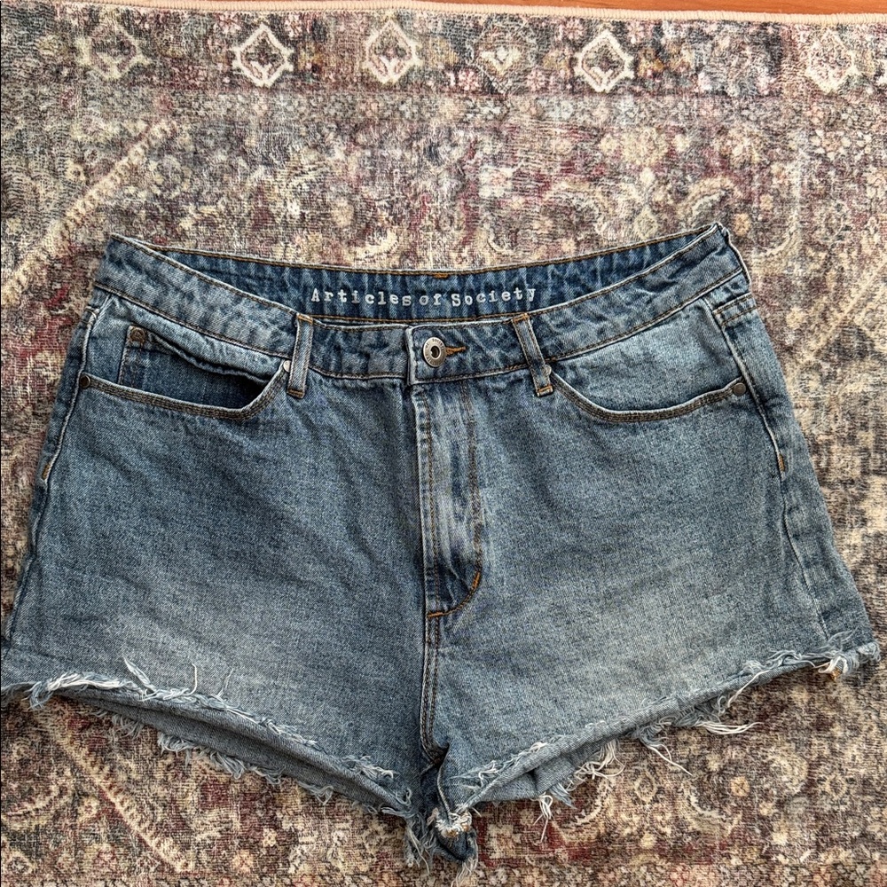 Articles of Society Light Blue High-Rise Distressed Denim Shorts